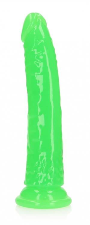 Зеленый люминесцентный фаллоимитатор на присоске - 22 см.