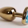 Золотистая анальная пробка с голубым стразиком-сердечком - 7,5 см.