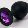 Черная силиконовая анальная пробка с фиолетовым кристаллом - 9,5 см.
